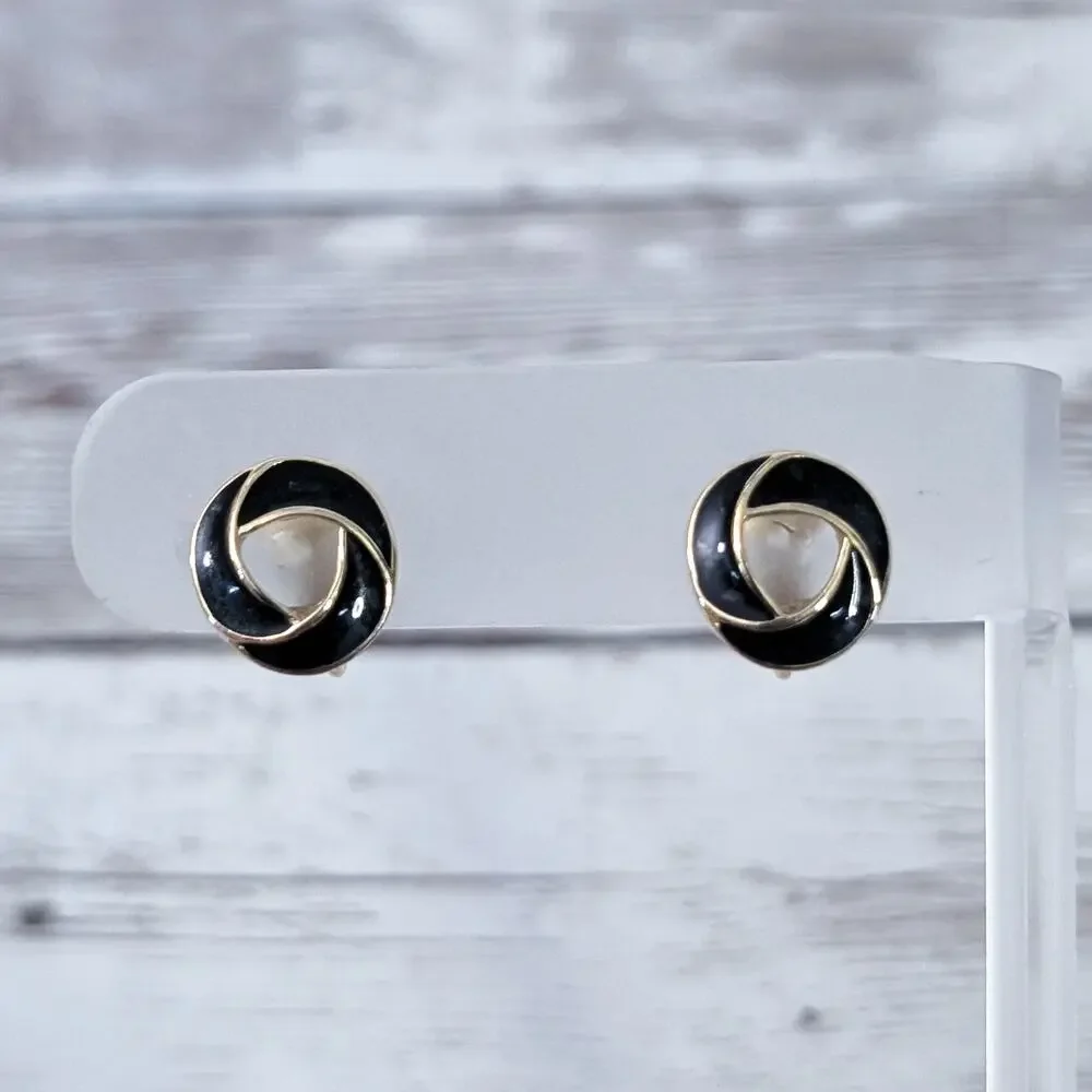 Vintage Trifari Clip On Earrings Dainty Black & Gold Tone